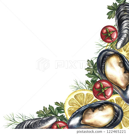 Corner frame with mussels, lemon, herbs and cherry tomatoes. Handmade watercolor illustration. A color image of a seafood template. On a white background. For menus, invitations, packages, labels. Corner frame with mussels, lemon, herbs and cherry tomatoes. Handmade watercolor illustration. A color image of a seafood template. On a white background. For menus, invitations, packages, labels. 122465221