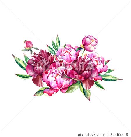 A bouquet of flowers isolated on a white background. Watercolor illustration of pink peony flowers and buds with green leaves. Botanical drawing for the design of postcards, logos, banners A bouquet of flowers isolated on a white background. Watercolor illustration of pink peony flowers and buds with green leaves. Botanical drawing for the design of postcards, logos, banners 122465238
