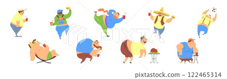 Funny Man Character with Fat Belly Engaged in Different Activity Vector Set 122465314