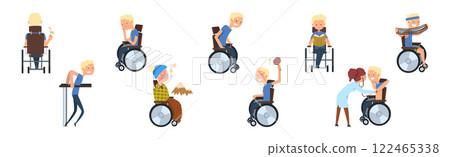Man with Disability in Wheelchair Engaged in Different Activity Vector Set 122465338