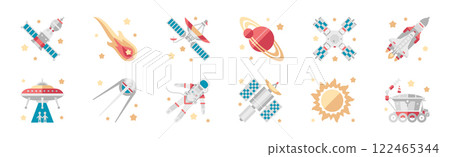 Outer Space and Universe as Aerospace Flat Object Vector Set Outer Space and Universe as Aerospace Flat Object Vector Set 122465344