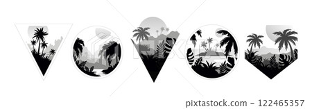 Tropical Rainforest Landscape with Palm Trees in Geometric Shape Vector Set 122465357