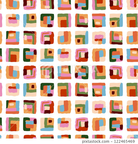 Geometric mosaic summer seamless pattern. Vector abstract hand drawn design with square shapes, modern colorful print 122465469