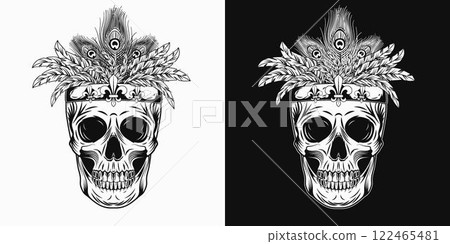 Human skull with band with bundle of feathers on top. Detailed monochrome illustration in vintage style. Mardi Gras decoration. Front view. Human skull with band with bundle of feathers on top. Detailed monochrome illustration in vintage style. Mardi Gras decoration. Front view. 122465481
