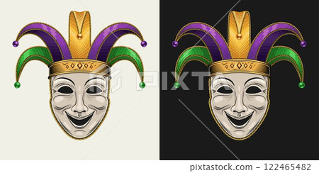 Theatrical comedy face mask with jester harlequin hat. Mardi Gras themed detailed illustration in vintage style. Front view. Theatrical comedy face mask with jester harlequin hat. Mardi Gras themed detailed illustration in vintage style. Front view. 122465482