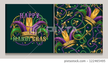 Seamless Mardi Gras pattern, label with jester harlequin hat, randomly scattered Fleur de Lis sign, beads, interlaced strings of beads on dark green background. Vintage style 122465495