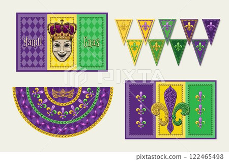 Set of Mardi Gras banners, flags, pennants with comedy face mask, harlequin ornament, beads, Fleur de Lis symbol. Traditional holiday colors. Vintage style Set of Mardi Gras banners, flags, pennants with comedy face mask, harlequin ornament, beads, Fleur de Lis symbol. Traditional holiday colors. Vintage style 122465498