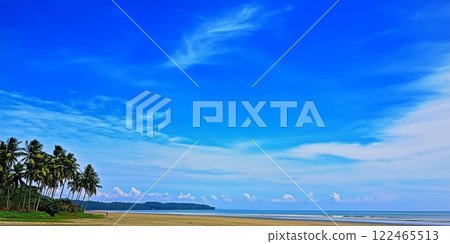 Tropical beach landscape. Palm trees sandy shore ocean. Travel tourism vacation poster. Bright vivid colors scenic view 122465513