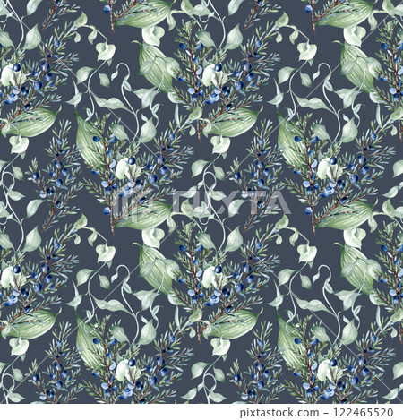 Juniper branches and curly vine seamless pattern in sage green watercolor isolated. Repeated botanical background for wallpaper, wrapping paper, textile. Soft natural foliage hand drawn for design. Juniper branches and curly vine seamless pattern in sage green watercolor isolated. Repeated botanical background for wallpaper, wrapping paper, textile. Soft natural foliage hand drawn for design. 122465520