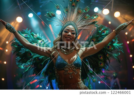 Vibrant Female Samba Dancer In Colorful Costume Performing On Stage Under Bright Lights Vibrant Female Samba Dancer In Colorful Costume Performing On Stage Under Bright Lights 122466001