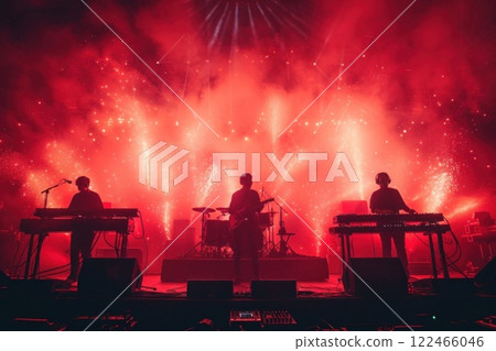 Electronic music band performing live on stage with red lights and fireworks in the background Electronic music band performing live on stage with red lights and fireworks in the background 122466046