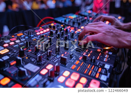 Unrecognizable DJ Hands Mixing Music at Turntable Surrounded by Vibrant Lights at Live Event Unrecognizable DJ Hands Mixing Music at Turntable Surrounded by Vibrant Lights at Live Event 122466049