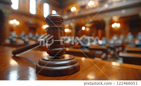Wooden judge gavel resting on a solid walnut table in a courtroom 122466051