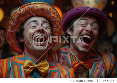 Two cheerful circus performers are laughing heartily while wearing colorful costumes and makeup 122466087