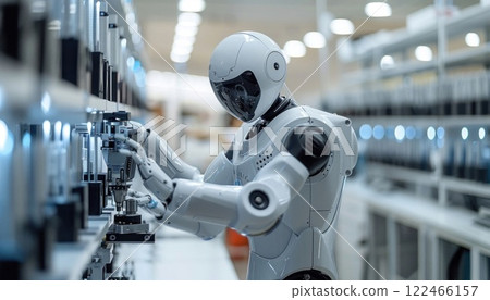 Robot working in a smart factory, Industry 4.0 concept, automated production line Robot working in a smart factory, Industry 4.0 concept, automated production line 122466157