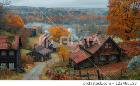 Charming village in fall with colorful trees, traditional houses near a serene lake amid mountains 122466158