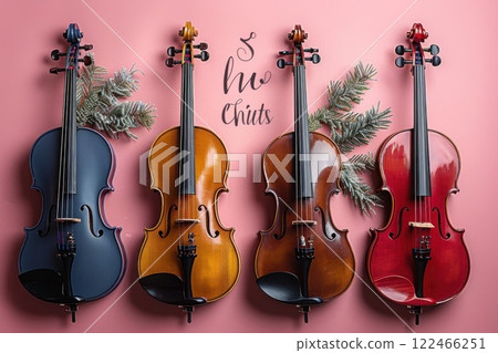 Four string instruments on a pink background with a Christmas theme 122466251