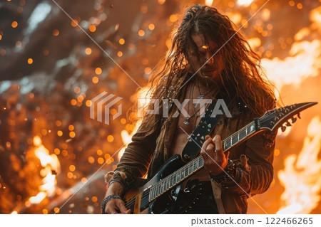 Rockstar in leather jacket playing heavy metal guitar with fire background 122466265