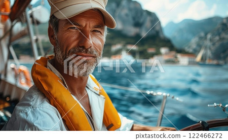 Bearded man at the helm of a sailboat on a sunny day with mountains in the background 122466272