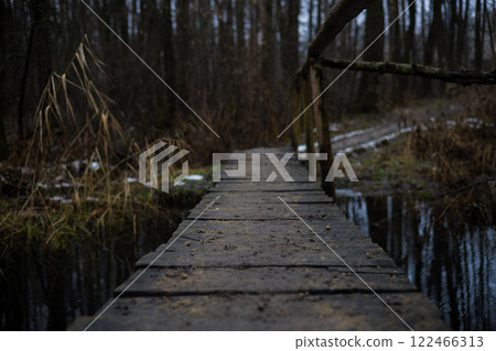 A small wooden bridge over a quiet stream in a dark winter forest surrounded by dry grass and patches of snow on the banks creating a calm and mysterious atmosphere. An old bridge over a small river. 122466313