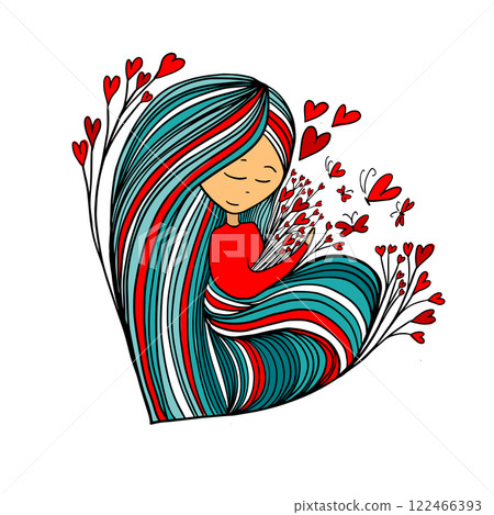 Girl with a bunch of hearts. Happy Valentine's Day. hand drawn. Not AI, Vector illustration 122466393