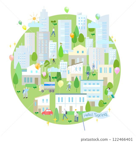 綠化和建築 - 城市景觀和人們行走的風景向量插圖 - 地球上的人們 - 春天背景材料 122466401