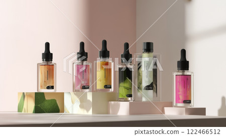 Elegant display of luxury skincare serums on pedestals 122466512