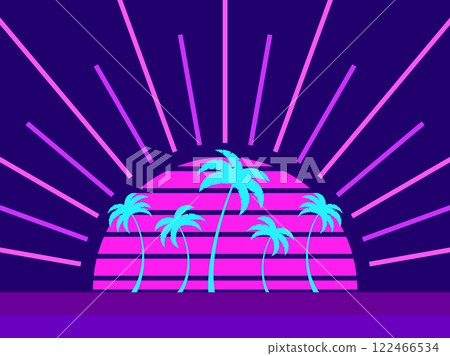 Palm trees in the style of line art in the style of the 80s. Tropical silhouettes of palm trees at sunset, purple and pink colors. Design for banners and posters. Vector illustration 122466534