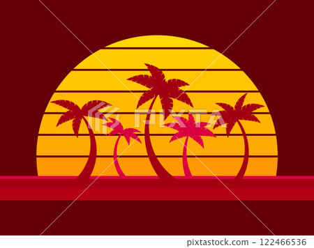 Tropical palm trees at sunset in a futuristic 80s style. Summer time, silhouettes of palm trees in synthwave and retrowave style. Design of advertising booklets and banners. Vector illustration 122466536