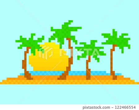 Pixel landscape with palm trees, coastline and sun. Pixel tropical palm trees on the shore and sunset in 8-bit retro style of the 80s - 90s. Design for banner and poster. Vector illustration 122466554