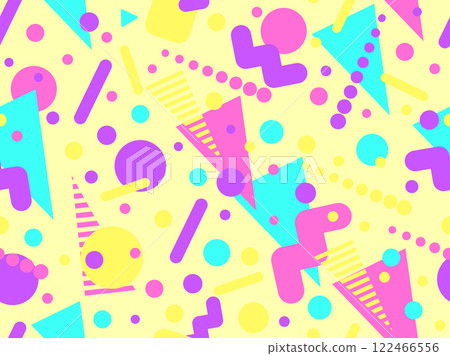 Geometric seamless pattern with memphis elements in 80s style. Colorful geometric pattern. Design of promotional products, wrapping paper and printing. Vector illustration 122466556