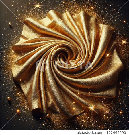 Luxurious golden silk fabric with shimmering texture and scattered golden particles creating an elegant and opulent visual effect. 122466690