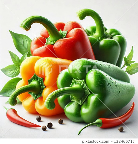 Multicoloured fresh bell peppers and chillies on white background. Multicoloured fresh bell peppers and chillies on white background. 122466715