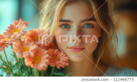 A smiling young woman holding a bouquet of mixed flowers in an urban outdoor environment, radiating warmth and happiness A smiling young woman holding a bouquet of mixed flowers in an urban outdoor environment, radiating warmth and happiness 122466773