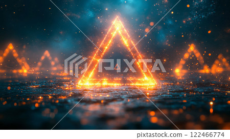 A golden triangle glowing vividly in a dark abstract void, with digital particles surrounding it. A stunning futuristic concept 122466774