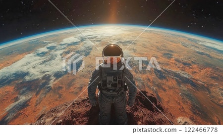 A lone astronaut standing on a rocky Martian-like planet gazing at the distant horizon with Earth in the sky 122466778