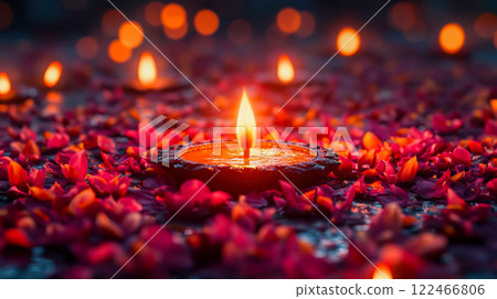 A single diya lamp surrounded by flower petals, radiating warmth and spirituality 122466806