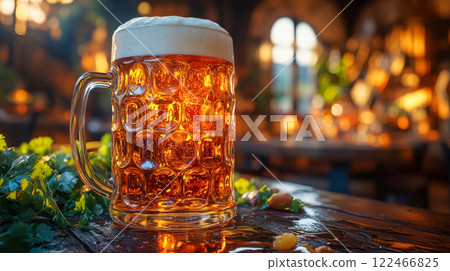 A frosty glass of amber beer with a foamy head sits on a wooden table in a warm, rustic pub setting with soft lighting 122466825