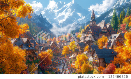 A stunning medieval village surrounded by vibrant autumn foliage and snow-capped mountains 122466826
