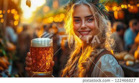 A cheerful young woman in traditional Bavarian attire holds a glass of beer at a lively Oktoberfest celebration 122466827