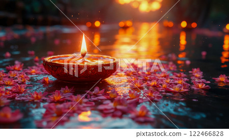 A beautifully lit diya oil lamp sits among vibrant pink flower petals, symbolizing the spirit of Diwali 122466828