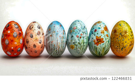 A row of intricately painted Easter eggs with floral and speckled designs, arranged against a white background 122466831