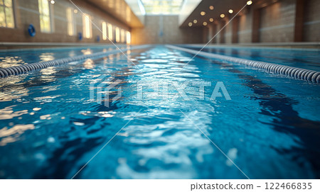 A professional indoor swimming pool with clear, rippling water reflecting the ceiling lights A professional indoor swimming pool with clear, rippling water reflecting the ceiling lights 122466835