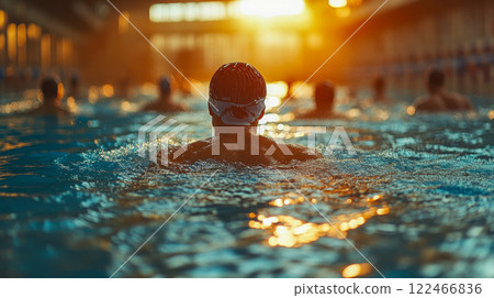 A competitive swimmer in a swim cap moves through the water during practice in an indoor pool 122466836