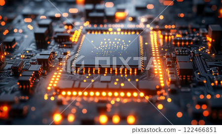 Detailed close-up of an advanced microchip on a circuit board, glowing with intricate orange lights, symbolizing modern technology 122466851
