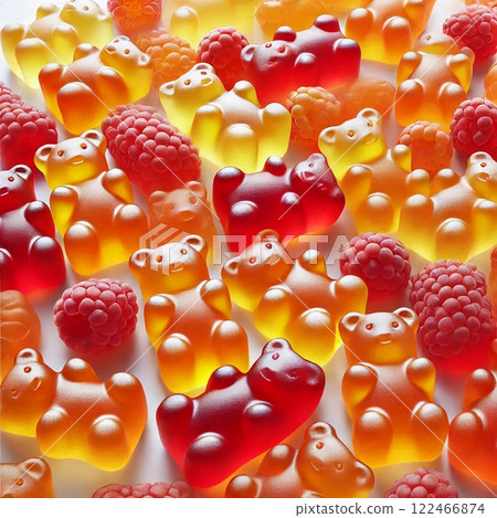 Bear-shaped chewy candy assortment with bright colours and detailed texture on a light background 122466874