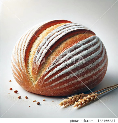 A round loaf of bread with a beautifully scored crust, showcasing its intricate pattern and flour-dusted surface 122466881