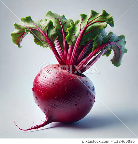 A fresh beetroot with vibrant green leaves and deep red roots against a light background A fresh beetroot with vibrant green leaves and deep red roots against a light background 122466886