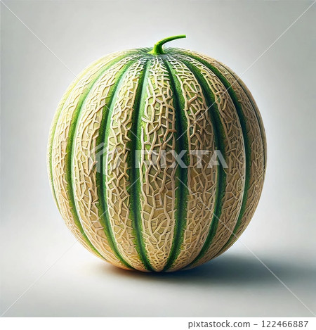A close-up view of a cantaloupe with detailed netted rind and green stripes against a light background 122466887