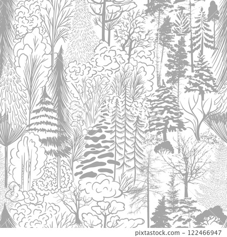 Monochrome seamless background mixed forest. pattern botanical illustration. hand drawing. Not AI Vector illustration 122466947